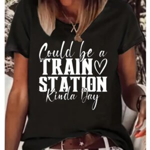 Women's Round Neck Short Sleeve T-Shirt With 'TRAIN STATION' Letter Print, Casual Summer Tee