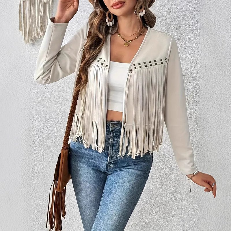 Women's Faux Suede Fringe Trim Long Sleeve Open Front Cardigan Jacket Western Concert Outfits - Image 7