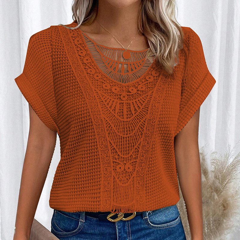 Women's Lace Splicing Short Sleeve Crew Neck T-Shirt Summer Loose Fit Casual Tee Top - Image 5