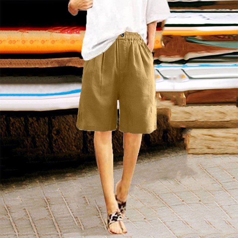 Women's Casual High Waist Loose Fit Solid Color Shorts - Button & Elastic Waist With Pockets, Comfortable Summer Shorts - Image 5