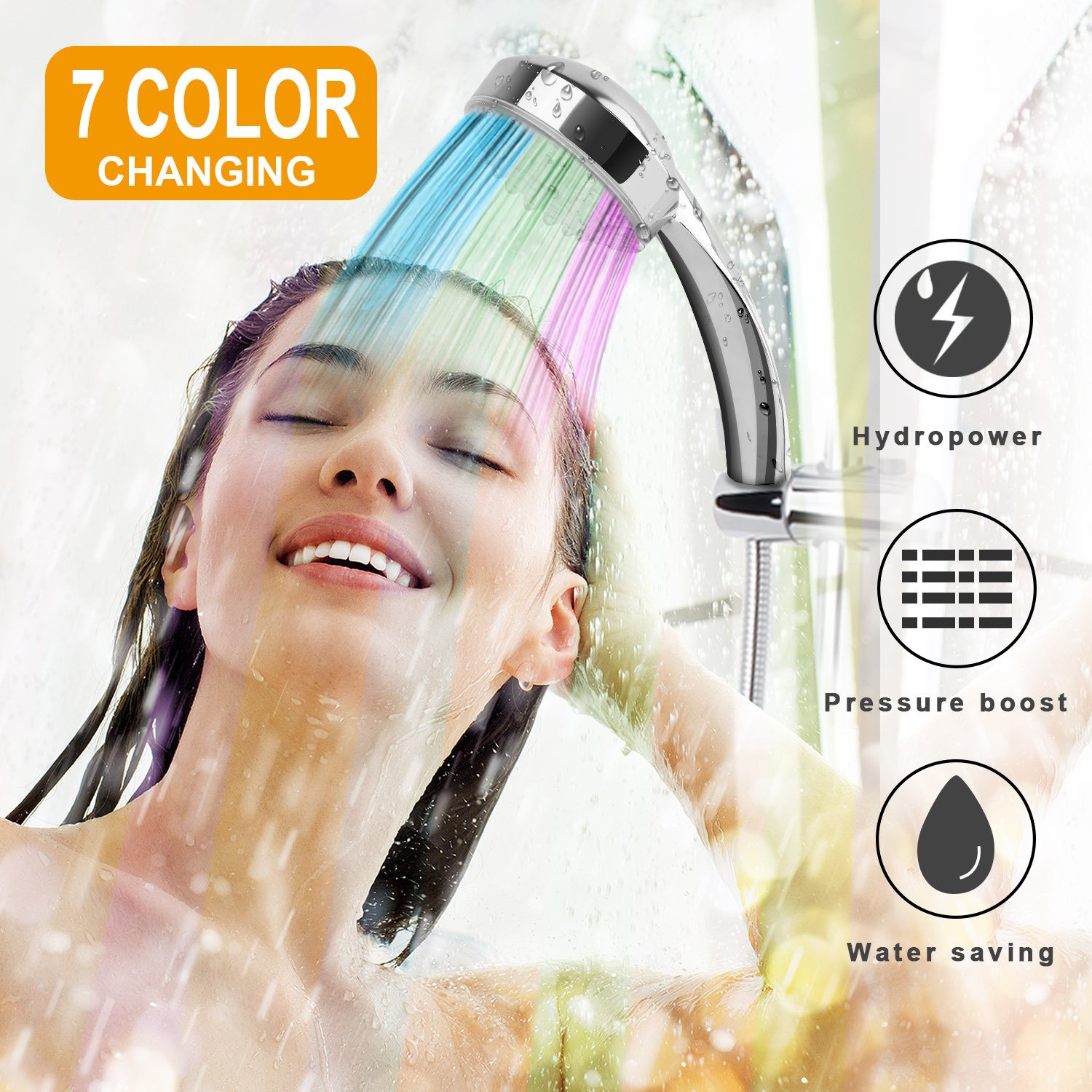 1Pc LED Shower Head Handheld Color-Changing Automatically Hydropower Without Batteries