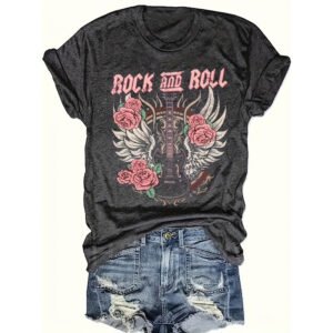 Women's Rock Floral Wing Print Short Sleeve T-Shirt Edgy Casual Summer Top