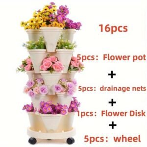 16 Pieces 5-Layer Stackable Flower Pots Vertical Garden Flowers Herbs Strawberry Vegetables Durable Plastic With Mobile Wheels Indoor And Outdoor Flower Pots