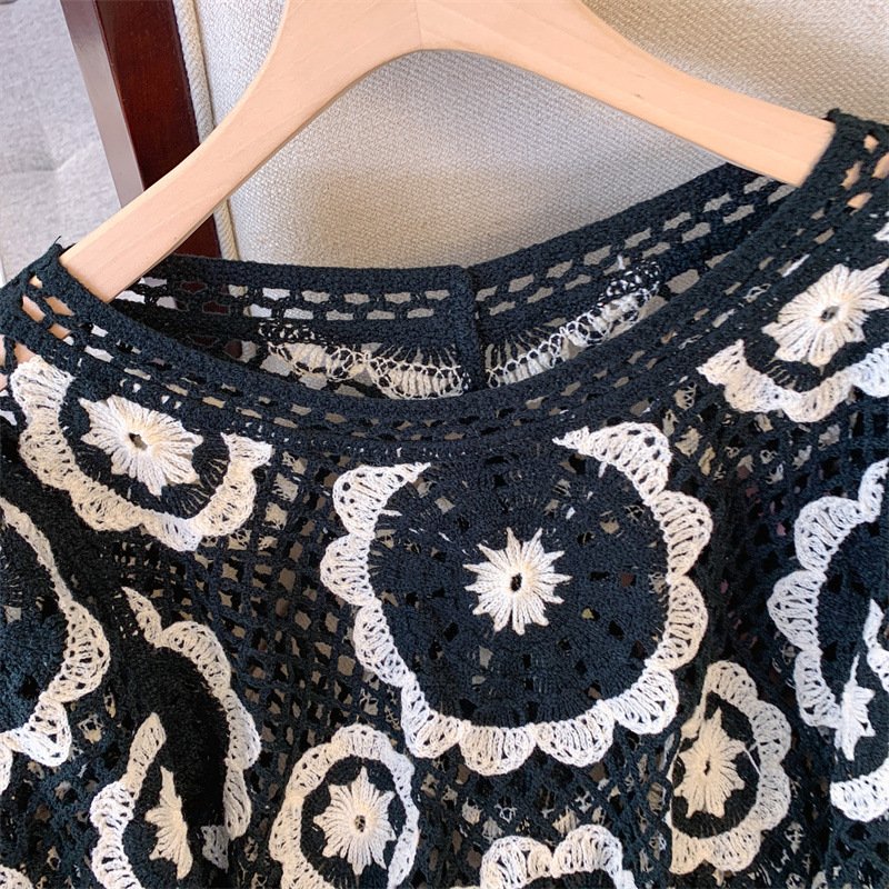 Women's Crochet Lace Yoke Sweater, Geometric Pattern Long Sleeve Pullover With Eyelet Embroidered Trim - Image 8