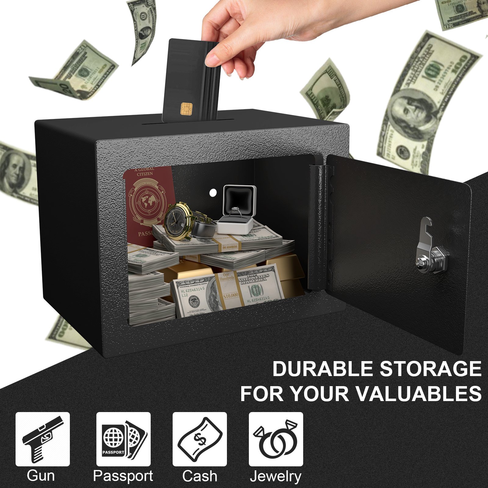 Secure Safe With Key And Password Money Home Safe, 0.23 Cubic Feet Small Safe, Mini Storage Cabinet, Suitable For Home Use, Can Store Money, Documents, And Valuable Items - Image 5