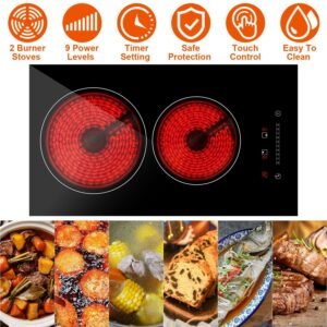 1Pc Dual Induction Burners Electric Cooktop 110V Total 1900W Electric Stove Built In Electric Ceramic Stove With Timer Setting 9 Firepower Levels Over Heating Protection