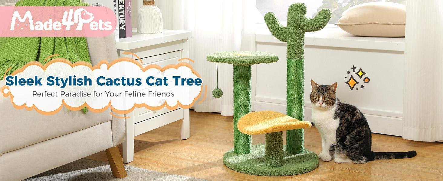 26 Inch Cactus Cat Tree With Bird's Eye View Flower Perch, Soft Cactus Top And Hanging Ball, Compact Vertical Structure For Indoor Cats - Image 3