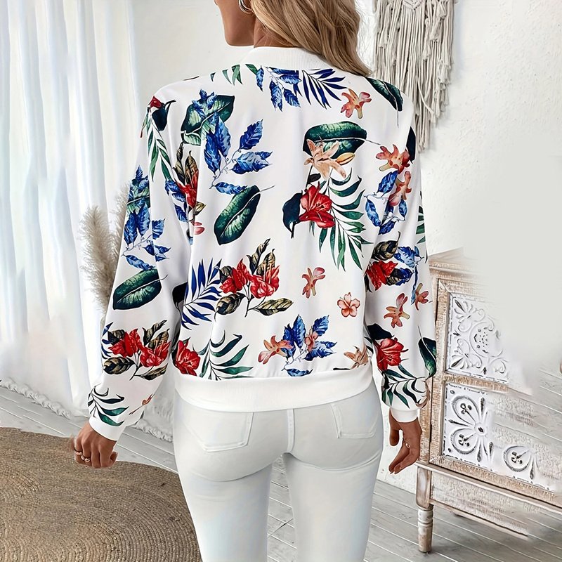 Women's Zip-Up Jacket With All-Over Botanical Print, Round Neck Long Sleeve Casual & Formal Wear For Spring&Fall - Image 7