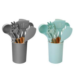 2 Color Options -- Set Of 11Pcs Silicone Cooking Utensil Set Heat Resist Wooden Handle Silicone Spatula Turner Ladle Spaghetti Server Tongs Spoon Egg Kitchenware Set With Holder