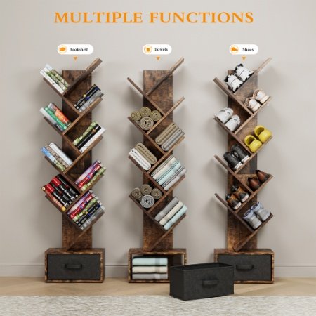 9 Tier Tree Bookshelf With Drawer Bookcase, Modern Book Storage, Free Standing Tree Bookcase, Utility Organizer Shelves For Home Office, Living Room, Bedroom, Rustic Brown - Image 5