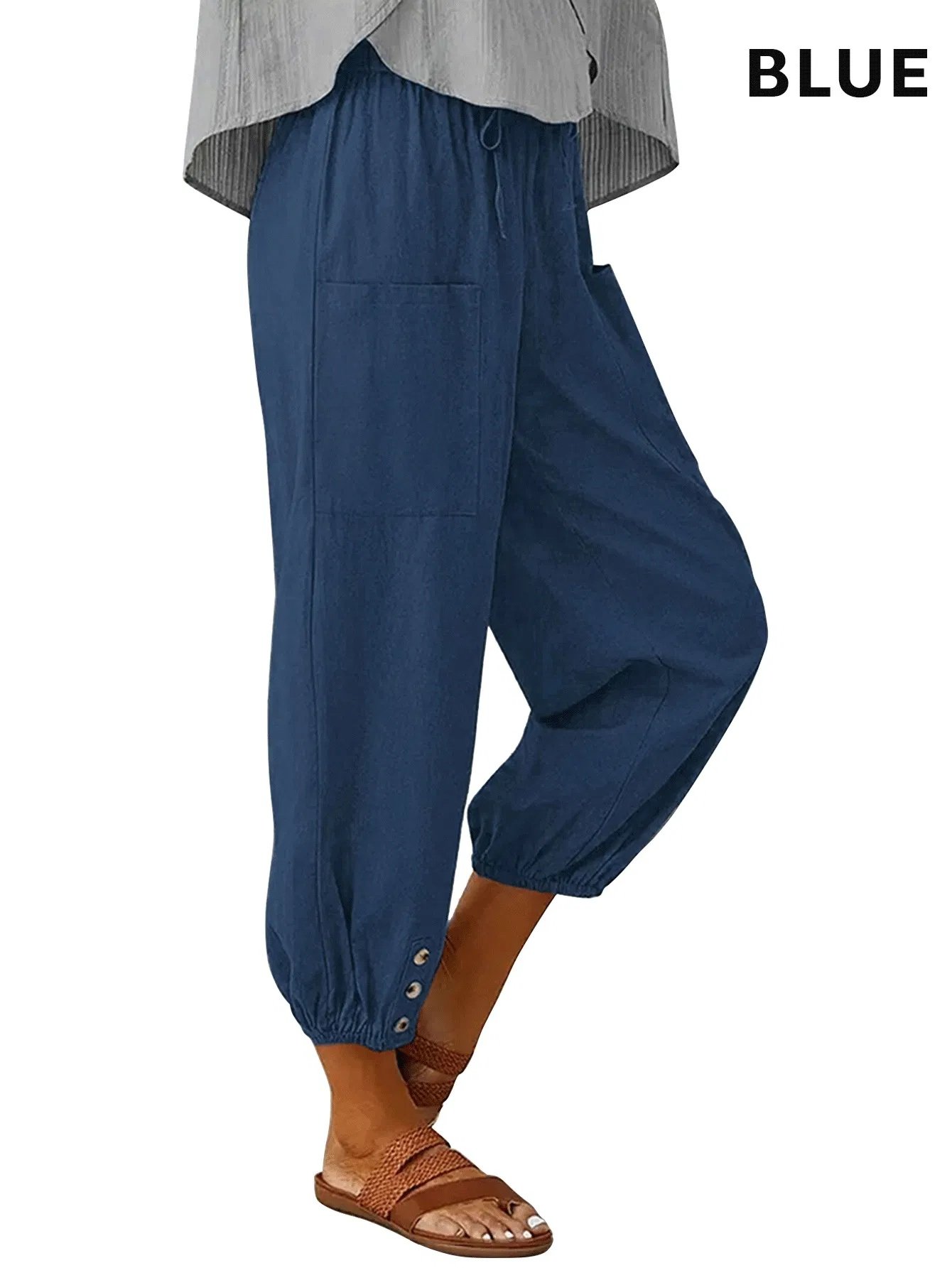 3pcs High-Waisted Button Wide-Leg Pants Cropped, Comfy & Effortlessly Chic - Image 3