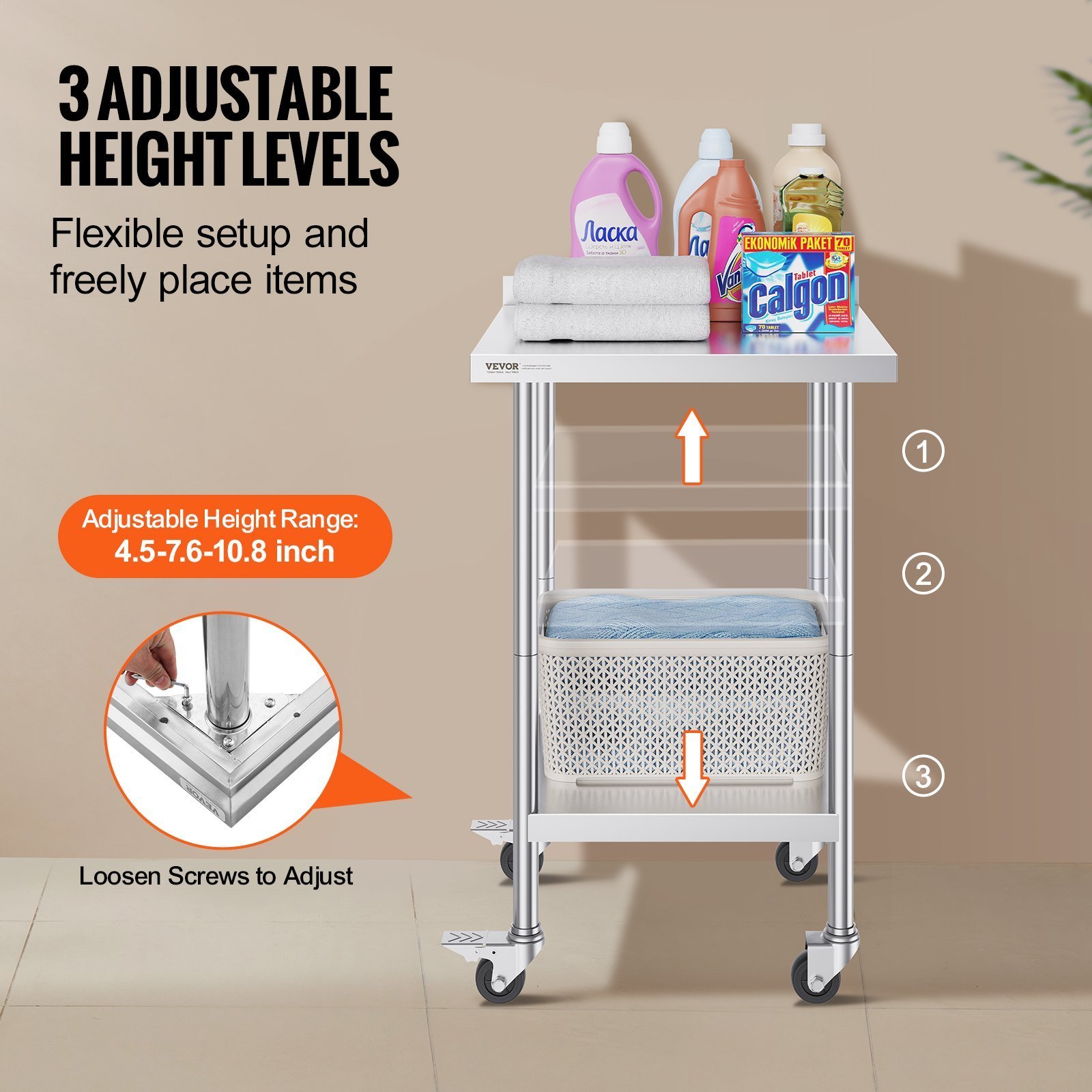 24 X 24 X 40 Inch Stainless Steel Work Table, Commercial Food Prep Worktable With Casters, Heavy Duty Prep Worktable, Metal Work Table With Adjustable Height For Restaurant, Home And Hotel - Image 5