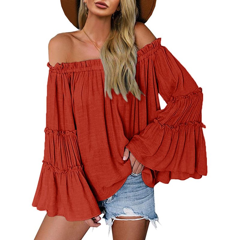 Women's Off Shoulder Blouse Long Flared Bell Sleeve Casual Loose Fit Top - Image 3