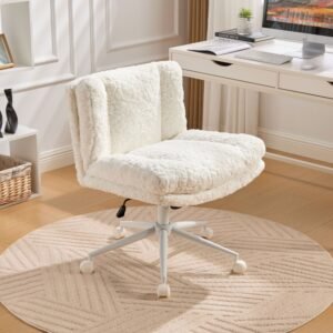 W26.4 Inch Wider Seat Office Chair,Artificial Rabbit Hair Home Office Chair With Metal Base,Adjustable Desk Chair Swivel Office Chair,Vanity ChairCream
