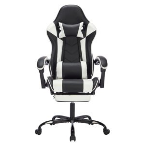 Gaming Chair With Footrest, Ergonomic Computer Chair With Headrest And Lumbar Support, Breathable Material Height Adjustable Video Game Chairs For Adults, Black White