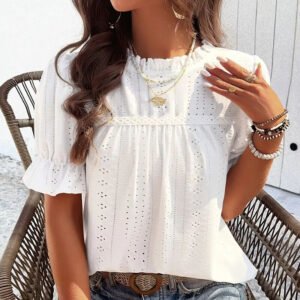 Women's Elegant Ruffle Detail Blouse Short Sleeve Round Neck Top