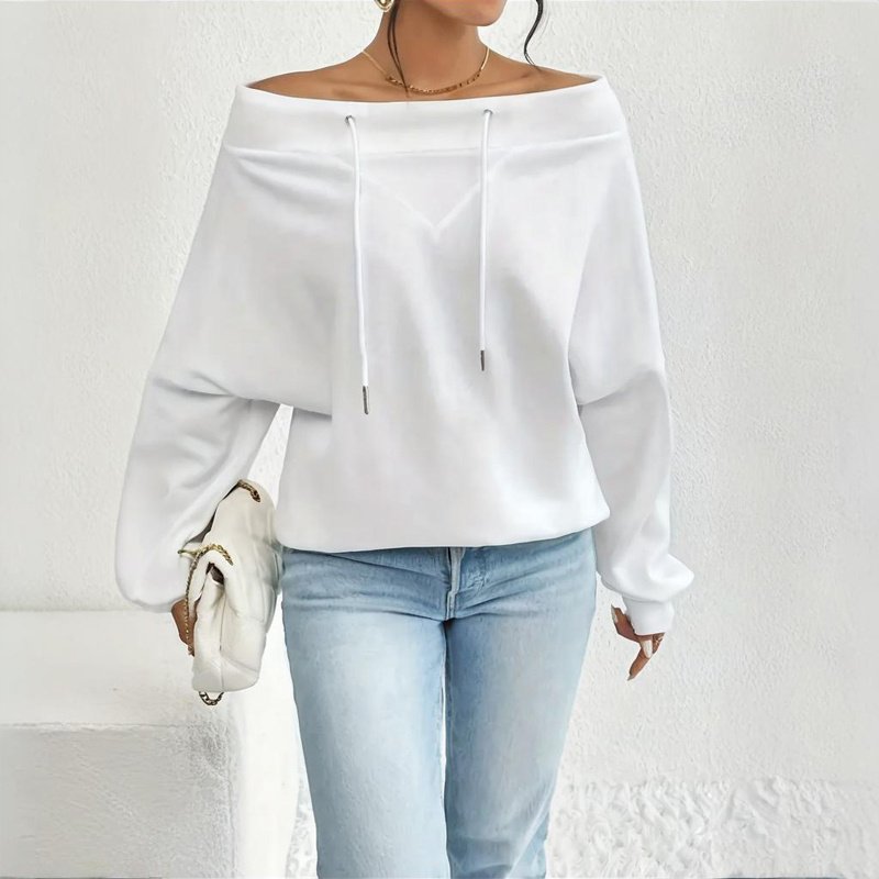 Plus Size Women's Solid Color Off-Shoulder Long Sleeve Pullover With Drawstring - Casual Ribbed Detail Top For Spring&Fall - Image 2