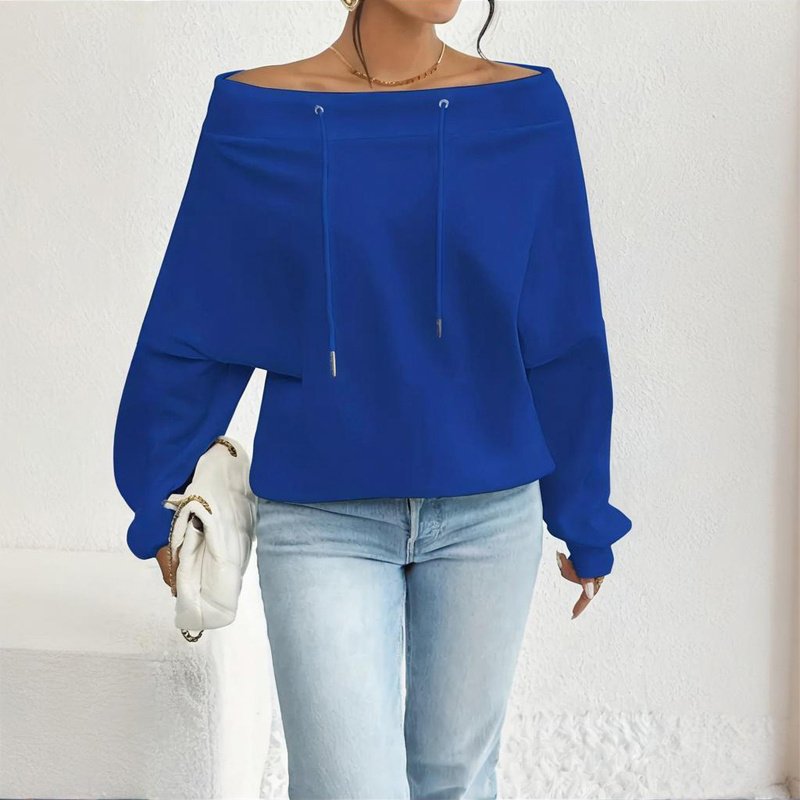 Plus Size Women's Solid Color Off-Shoulder Long Sleeve Pullover With Drawstring - Casual Ribbed Detail Top For Spring&Fall - Image 8