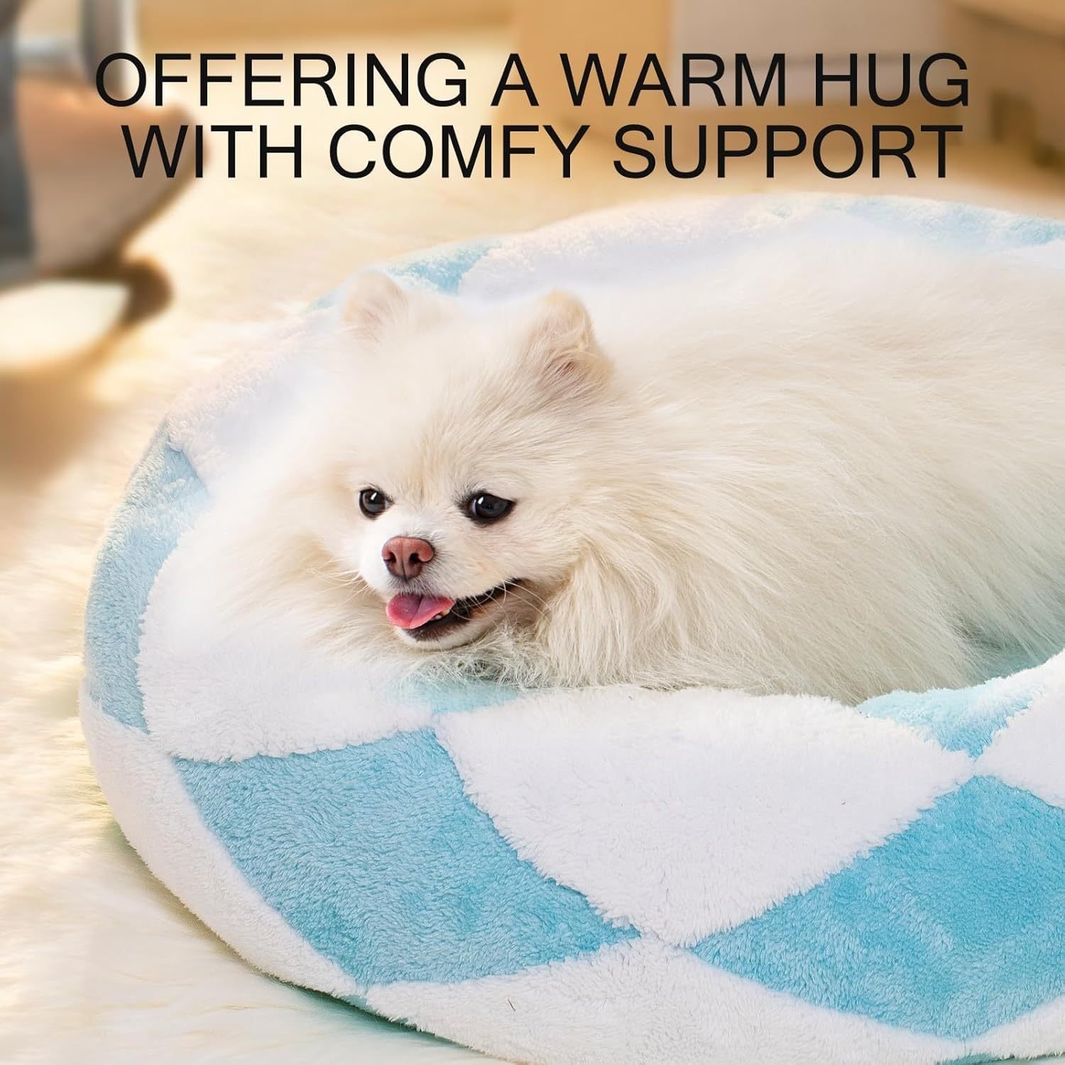 MEWOOFUN Donut Cat Bed For Indoor Cats - Round Washable Plush Pet Bed With Jacquard Shaggy Fabric & Non-Slip Bottom, Calming Small Dog Bed For Puppy & Kitten, 23 Inch Blue Check - Image 5