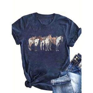 Women's Three Horses Print Round Neck Tee - Casual Summer Top
