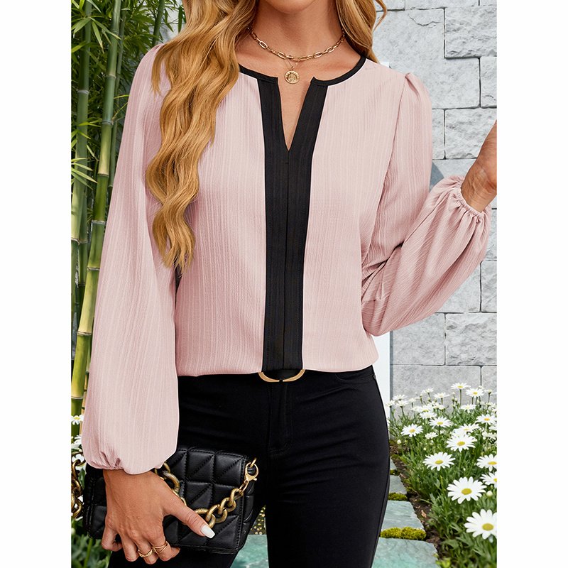 Women's Color Block Blouse, V-Neck Long Sleeve Work Shirt, Dressy Casual Business Tops For Fall - Image 3