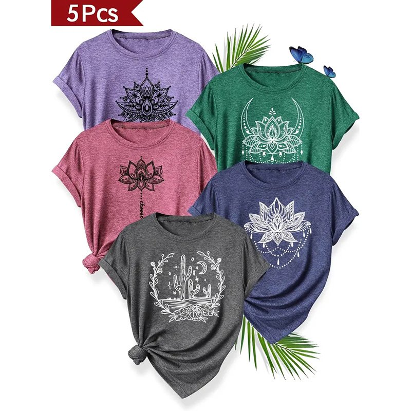 5 PCS Floral Graphic Shirt For Women Cute Flower Short Sleeve Ladies Tee Tops Teen Girls Casual T Shirt - Image 4