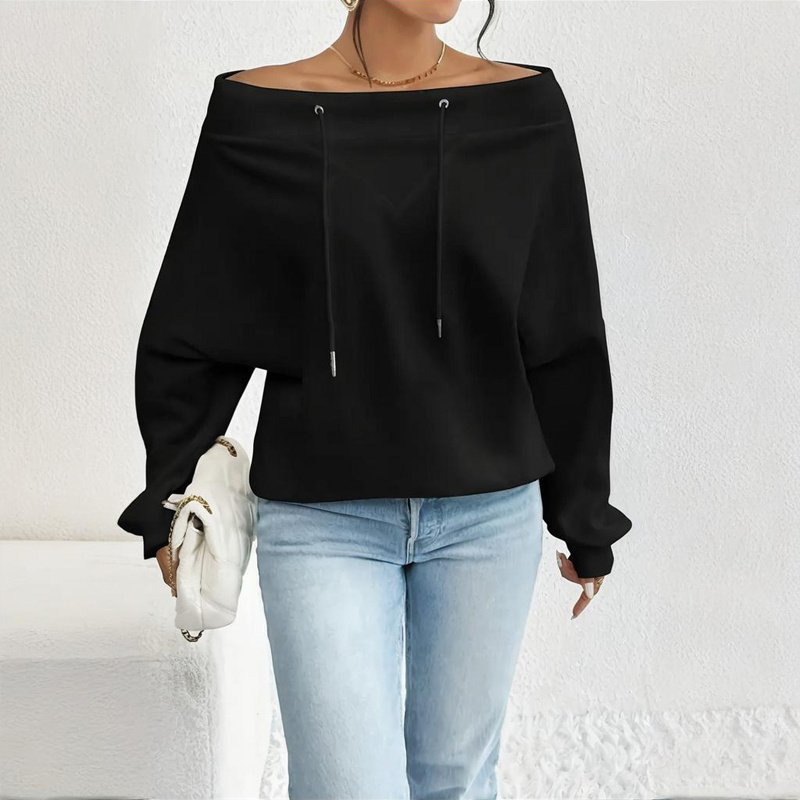 Plus Size Women's Solid Color Off-Shoulder Long Sleeve Pullover With Drawstring - Casual Ribbed Detail Top For Spring&Fall - Image 5