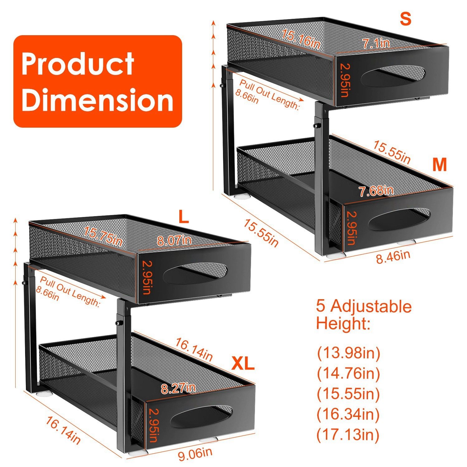 2Pcs Under Sink Organizer 2 Tier Pull Out Cabinet Baskets Storage Shelf Sliding Storage Drawers Rack With 5 Adjustable Height Mesh Baskets For Home Kitchen Bathroom Office - Image 2