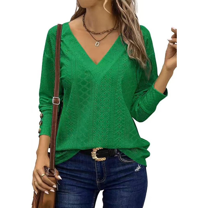 Womens Long Sleeve Eyelet Tops V Neck Fall Shirts Casual Loose Blouses Trendy Clothes - Image 8