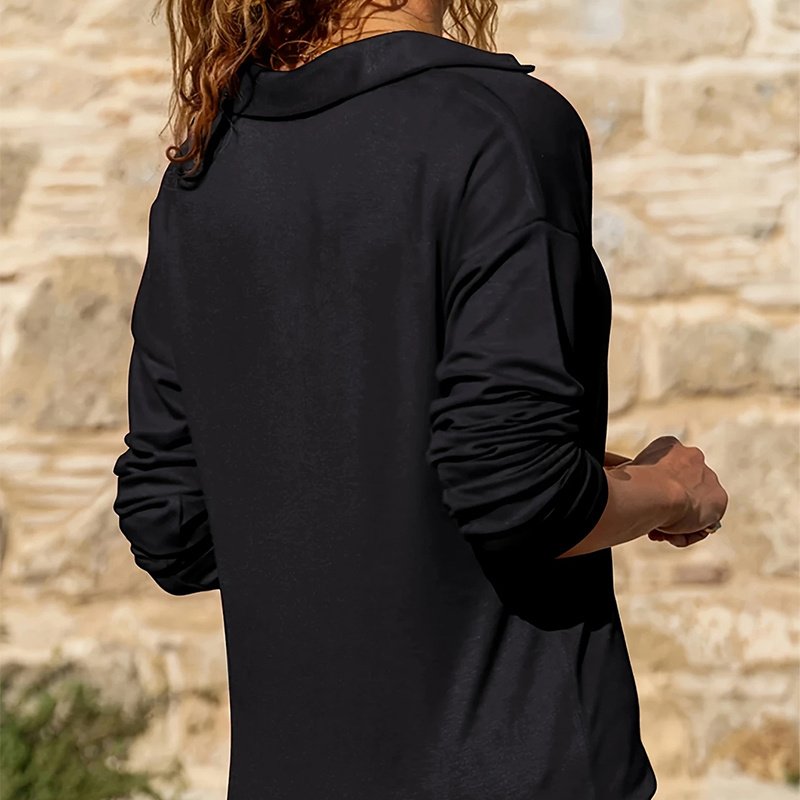 Women's Solid Color Knit Zip-Up Collar Long Sleeve Top - Casual Fashion Blouse For Spring&Fall - Image 5