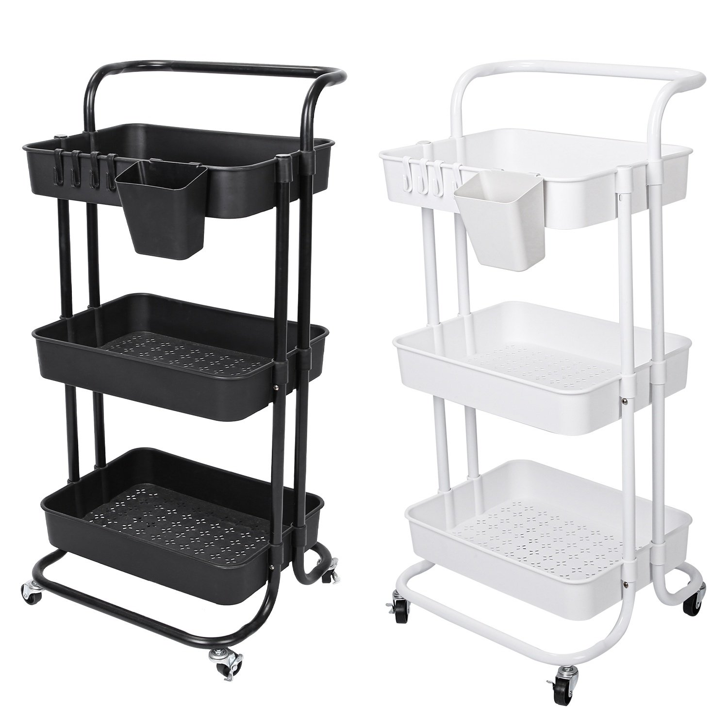 Black-White Color Options 1Pc 3 Tier Rolling Utility Cart Movable Storage Organizer With Mesh Baskets Lockable Wheels 360 Degree Rotatable Hanging Box Hooks Bedroom Bathroom Kitchen