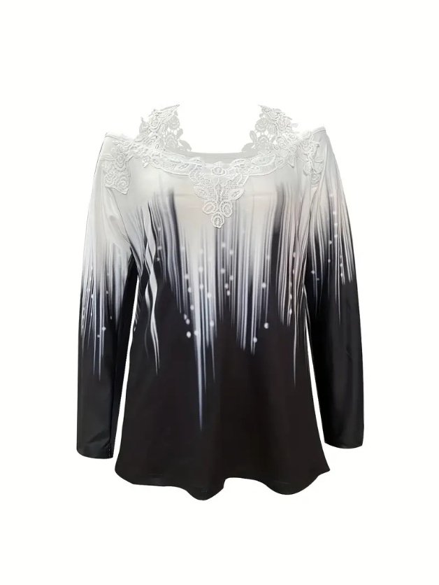 Spring And Autumn New Style Casual Gradient Color Printed Lace Edge Off-shoulder Long Sleeve Top - Image 2