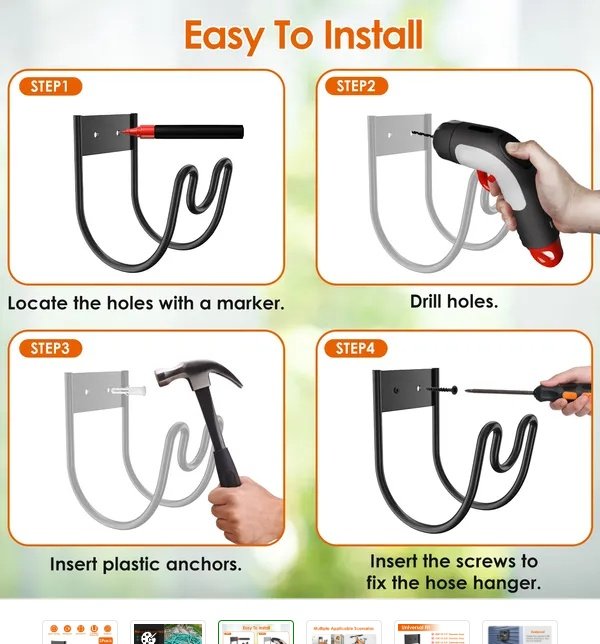 2Pack Heavy Duty Garden Hose Holder Stainless Steel Hose Hook Metal Hose Rack Reel Organizer For Water Hose Extension Cords - Image 3