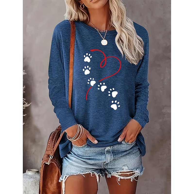 Women's Heart & Dog Paw Print T-shirt, Cute Crew Neck Long Sleeve Top For Spring & Fall - Image 2