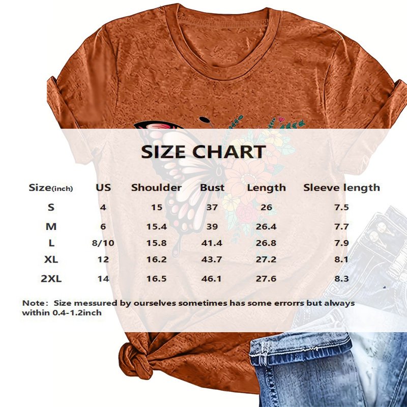Women's Butterfly Wing & Floral Print Round Neck Tee - Summer Bohemian T-Shirt - Image 4