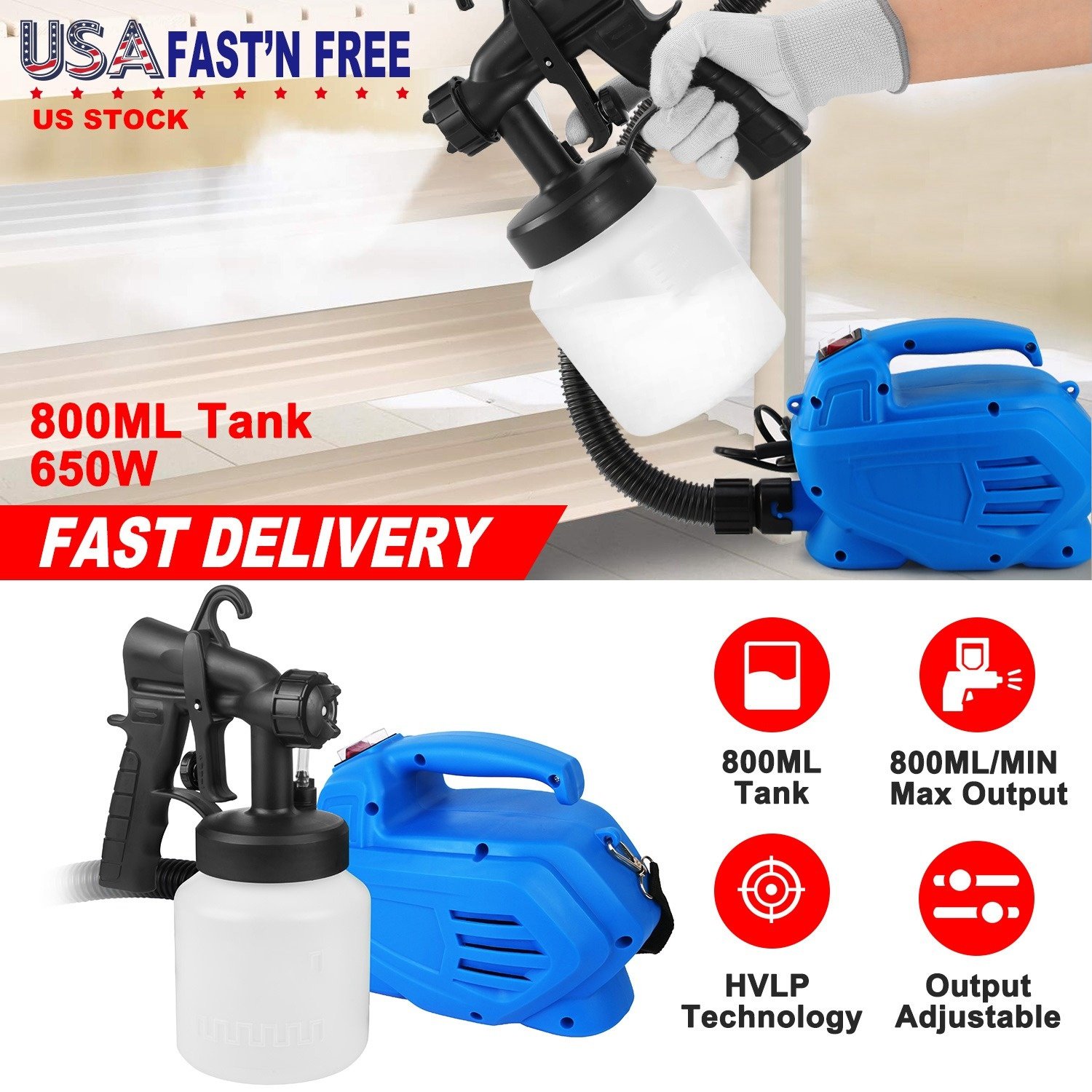 800ML Paint Sprayer 650W Paint Sprayer 800ML,minimum Output HVLP Oil Primer Water Spray, With 3 Spraying Modes Motor And Removable Container - Image 7