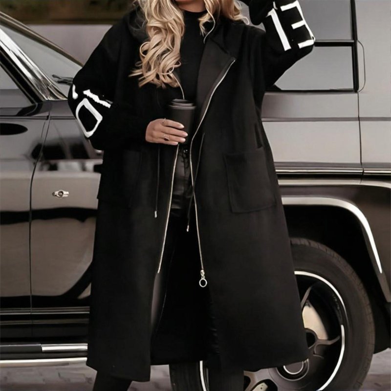 Women's Long Sleeve Letter Print Hooded Coat With Pockets - Zip Front Long Windbreaker For Spring&Fall - Image 2