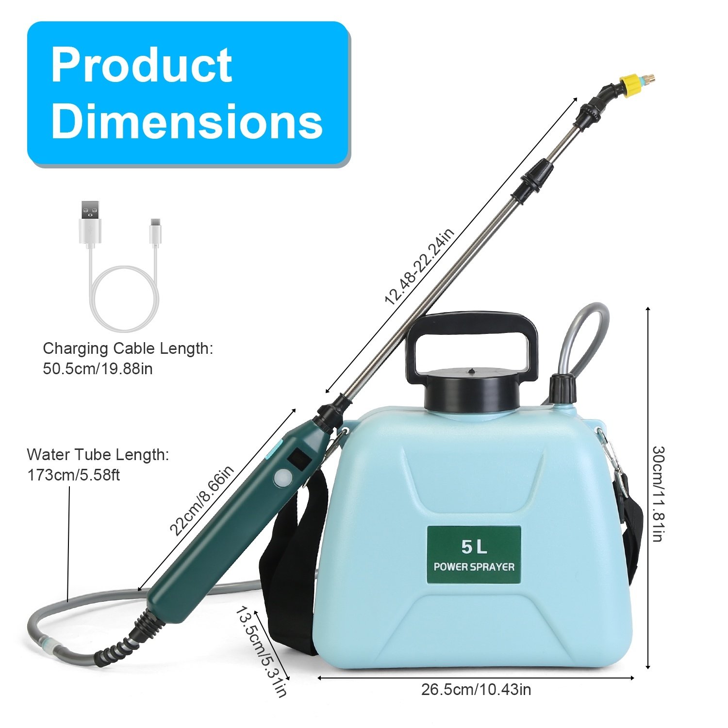 5L 1.32Gallon Battery Operated Water Sprayer Portable Garden Sprayer Electric Sprayer With Rechargeable Handle Telescopic Wand 3 Spray Nozzles Shoulder Strap For Lawn Garden - Image 9