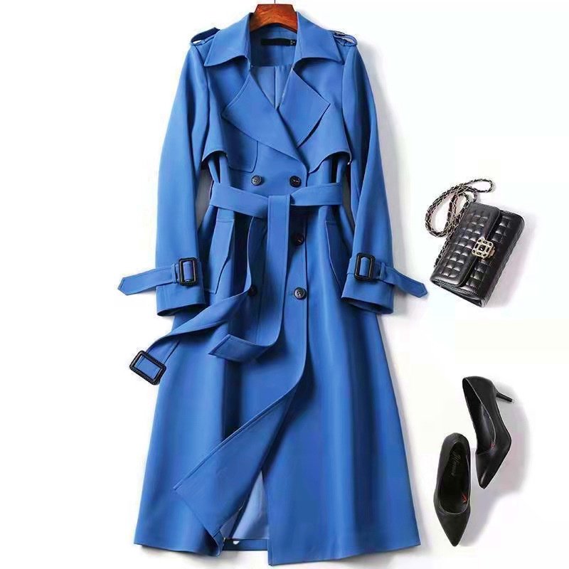 Women's Classic Trench Coat, Solid Color Long Sleeve Belted Mid-Length Jacket With Button Detail For Spring And Fall - Image 2