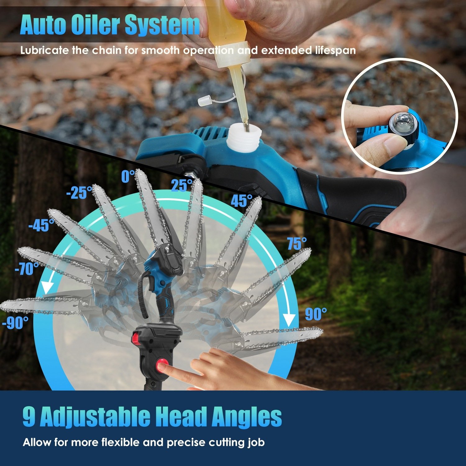 1Pc 2 In 1 8in Cordless Electric Pole Saw And Mini Chainsaw With Extension Poles 2Pcs 21V 3.0Ah Batteries Adjustable Length Chain Saw With Auto Oiler Safety Switch For Wood Cutting - Image 4