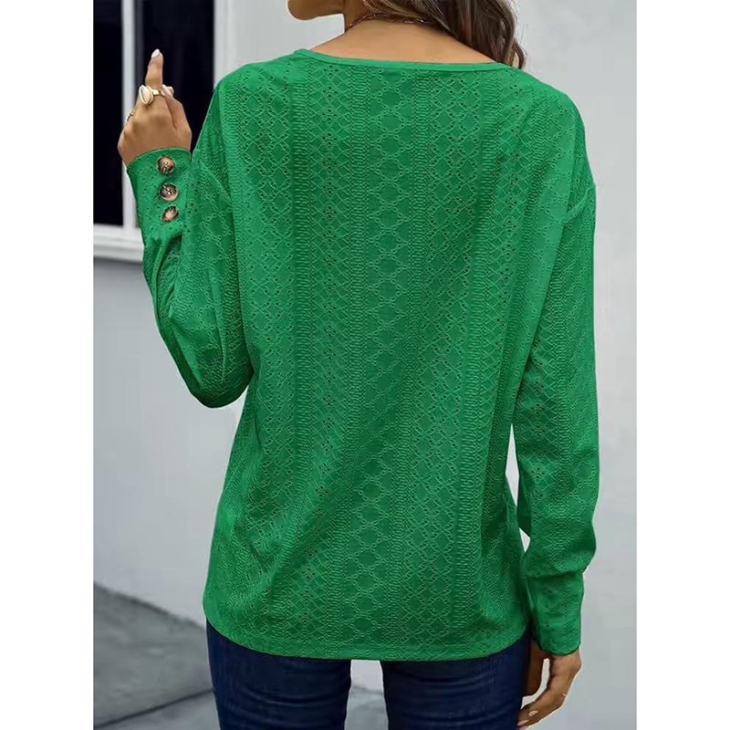 Womens Long Sleeve Eyelet Tops V Neck Fall Shirts Casual Loose Blouses Trendy Clothes - Image 9
