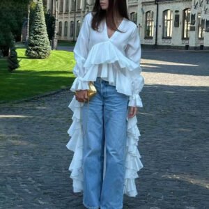 Women's Solid Long Sleeve Blouse, V Neck High Low Shirt With Irregular Ruffles, Asymmetrical Hem Office Party Tops