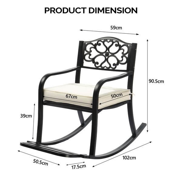 Metal Rocking Chair, Outdoor Rocking Bench With Cushion, Patio Rocker With Footrest, Weatherproof Rocking Chair For Outside, Patio, Garden, Flower Backrest - Image 6