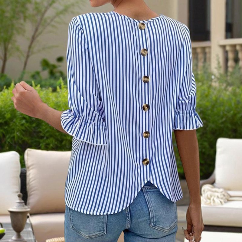 Women's Solid Color Casual Back Button Shirt - Round Neck Striped Summer Top, Breathable Blouse For Relaxed Wear - Image 2