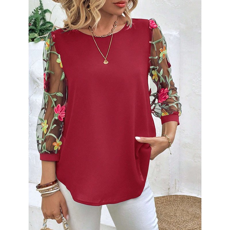 Women's Floral Embroidery Contrast Mesh Puff Sleeve Crew Neck Tee Shirt Tops - Image 2