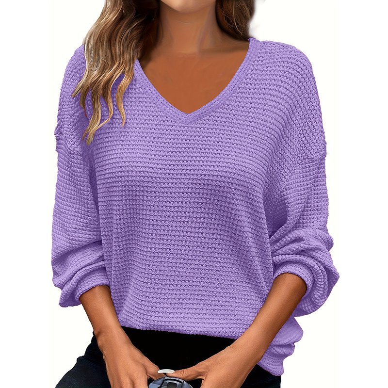 Plus Size Women's Casual V-Neck Pineapple Texture Knit Top Solid Color Long Sleeve Breathable Pullover For Spring Fall - Image 4