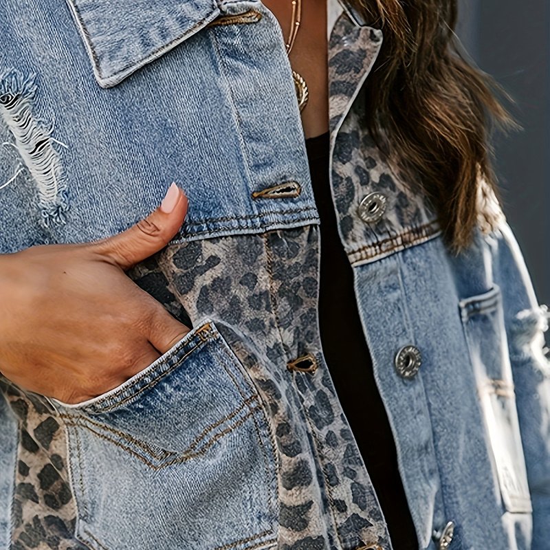 Women's Cropped Distressed Denim Jacket Ripped Button Down Jean Jacket Long Sleeve Casual Streetwear Coat - Image 7