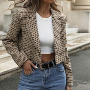 Women's Plaid Cropped Blazer, Vintage Notch Lapel Long Sleeve Short Jacket For Work Office