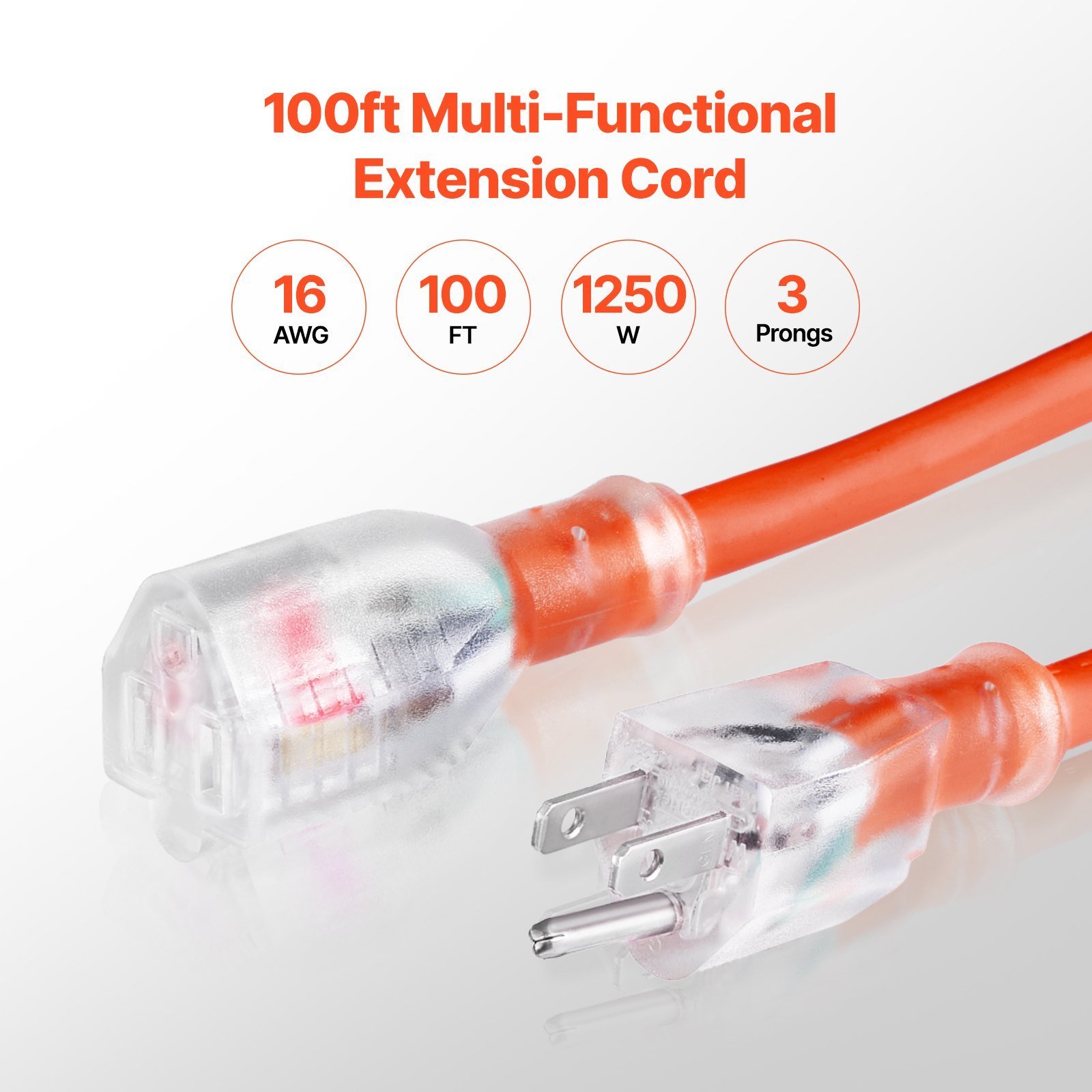 100FT Heavy Duty Extension Cord 16AWG 10A 1250W 3 Prongs With Lighted End - Image 2