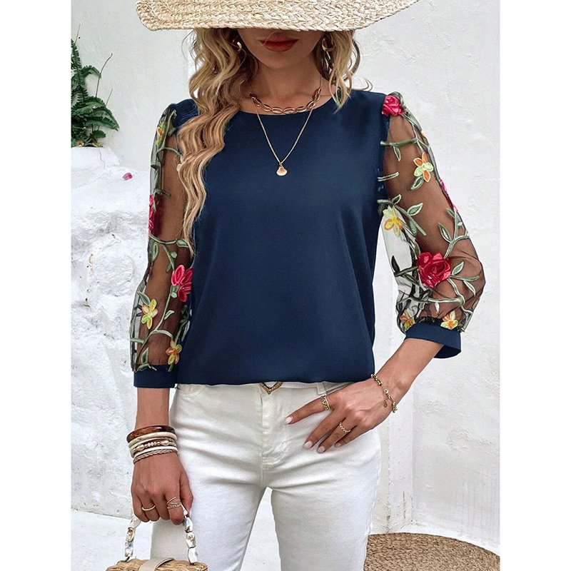 Women's Floral Embroidery Contrast Mesh Puff Sleeve Crew Neck Tee Shirt Tops - Image 9